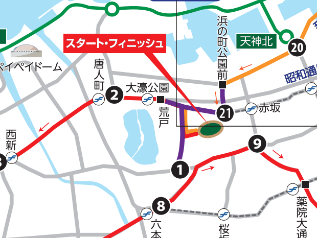 福岡国際マラソン2020のスタート地点の地図画像